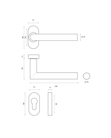 Dessin Poignée de porte Altesse+rosace inox 316 pour ambiances salines EUROWALE