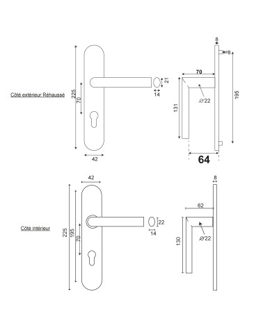 Dessin Poignée de porte Cérès réhaussée inox pl 70 EUROWALE