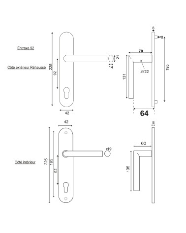 Dessin Poignée de porte Cérès réhaussée inox pl 92 EUROWALE
