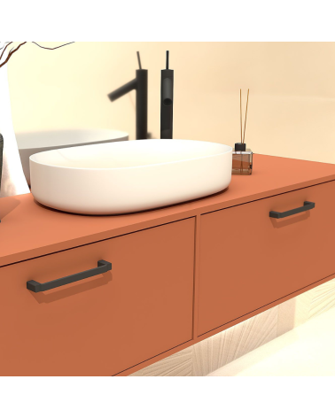 Poignée de meuble noire mat AMARO poignée design montée sur un meuble de salle de bain