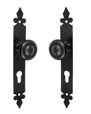 Bouton de porte rétro noire mat sur plaque longue pour porte, portail et portillon – Collection Elisabeth