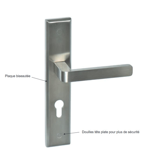 Poignée de porte en inox sur plaque longue model Soho Prestige avec trou cylindre - millapoignees