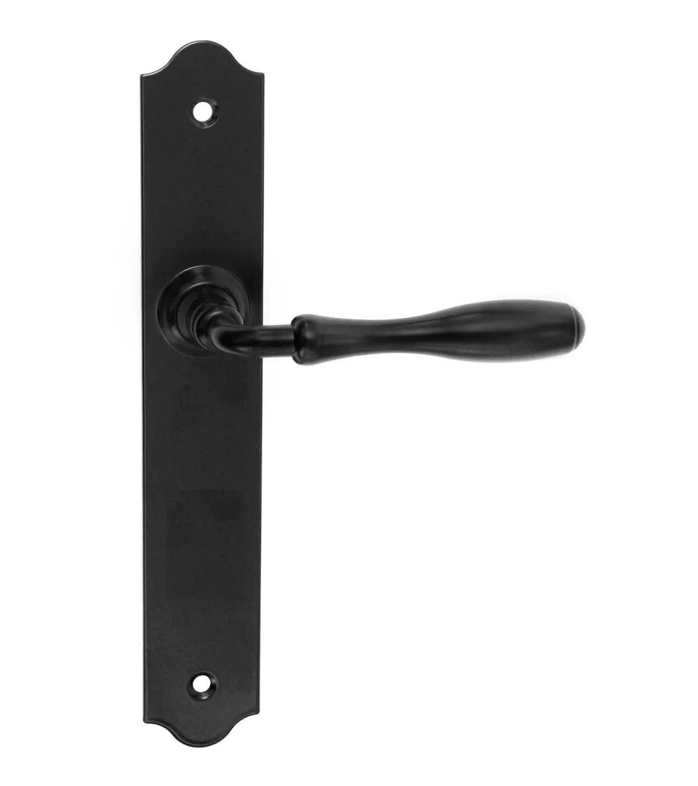 Poignées de porte rétro noires mates sur plaques longues pour portes, portails et portillons – Collection Joséphine