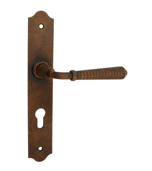 Poignées de porte rétro rouille sur plaques longues pour portes, portails et portillons – Collection Hinon