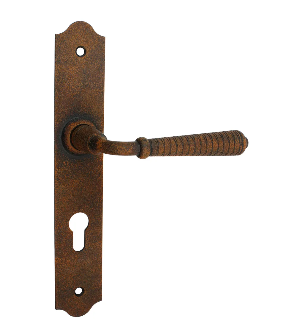 Poignées de porte rétro rouille sur plaques longues pour portes, portails et portillons – Collection Hinon