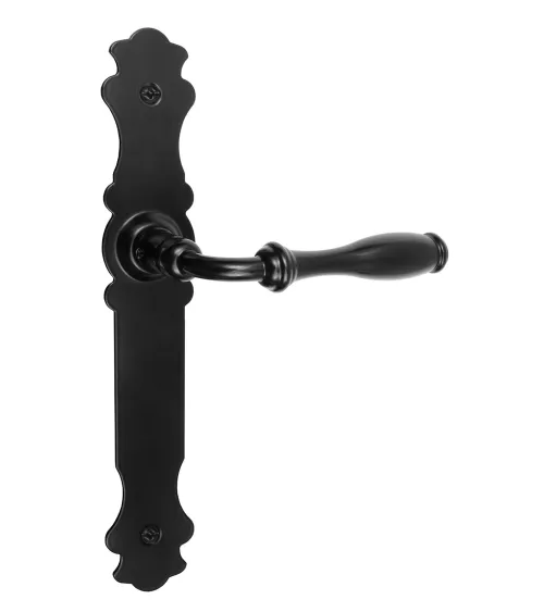 Poignées de porte rétro noires mates sur plaques longues pour portes, portails et portillons – Collection Marguerite