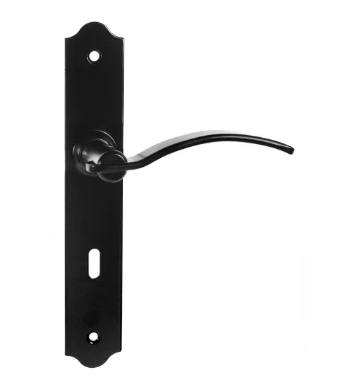 Poignées de porte rétro noires mates sur plaques longues pour portes, portails et portillons – Collection Constance
