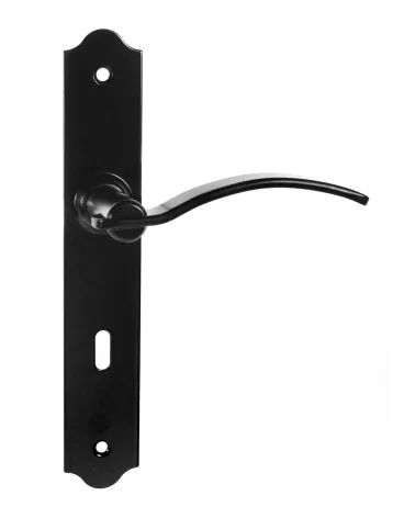 Poignées de porte rétro noires mates sur plaques longues pour portes, portails et portillons – Collection Constance