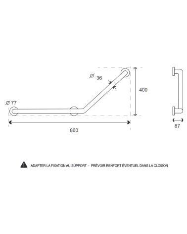 Barre d’appui coudée blanche en inox et nylon antibactérien – 3 fixations