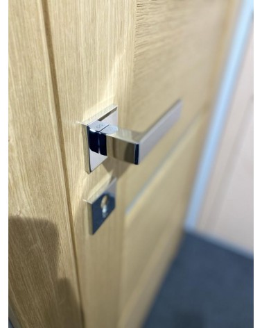 Poignée de porte chrome poli Apollo poignée design vue de côté montée sur une porte