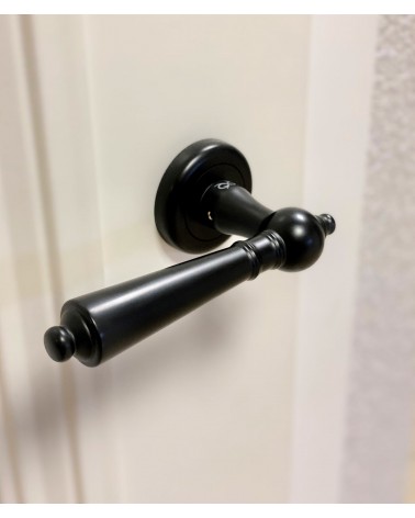 Poignée de porte noire MILLENAIRE poignée design vue de haut légèrement inclinée montée sur une porte