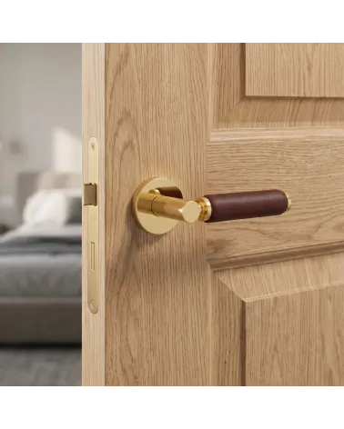 Poignée de porte haut de gamme or poli et cuir foncé TUPAI 4200/201 ronde - MillaPoignées