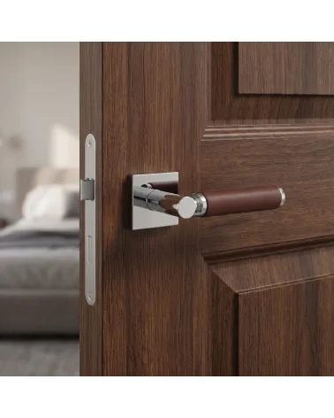 Poignée de porte carrée chrome poli et cuir foncé TUPAI 4200/201 - MillaPoignées