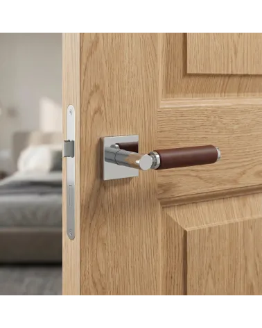 Poignée de porte carrée chrome poli et cuir foncé TUPAI 4200/201 - MillaPoignées
