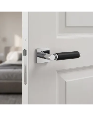 Poignée de porte haut de gamme chrome poli et cuir noir TUPAI 4200/202 carrée - MillaPoignées