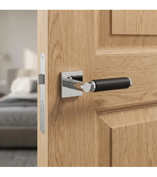 Poignée de porte haut de gamme chrome poli et cuir noir TUPAI 4200/202 carrée - MillaPoignées