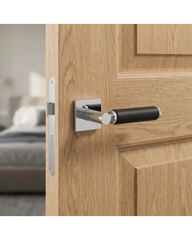 Poignée de porte haut de gamme chrome poli et cuir noir TUPAI 4200/202 carrée - MillaPoignées