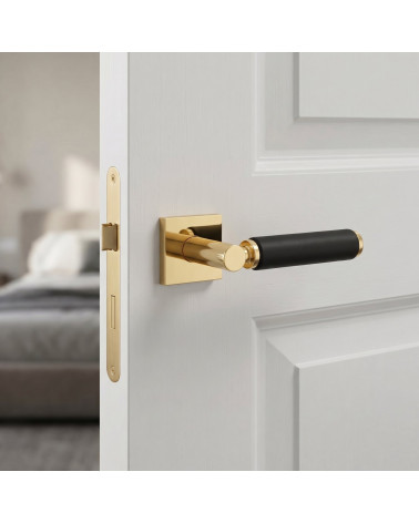 Poignée de porte haut de gamme or poli et cuir noir TUPAI 4200/202 carrée - MillaPoignées