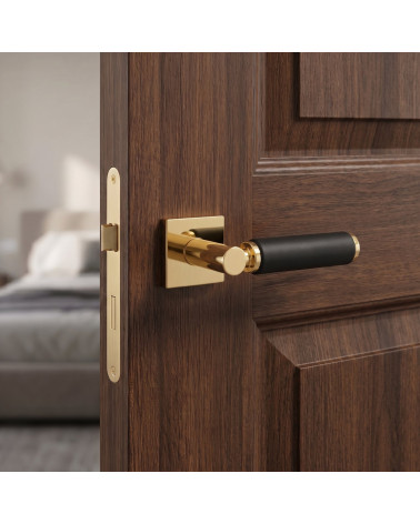 Poignée de porte haut de gamme or poli et cuir noir TUPAI 4200/202 carrée - MillaPoignées