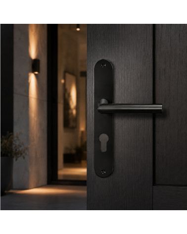 Poignée sur grande plaque en PVD noir – spéciale porte d’entrée – modèle Altesse