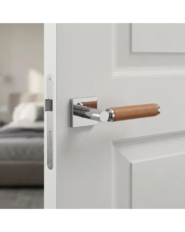 Poignée de Porte Carrée Chrome Poli en cuir | Luxe et Brillance