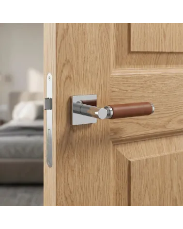 Poignée de Porte Carrée Chrome Poli en cuir | Luxe et Brillance