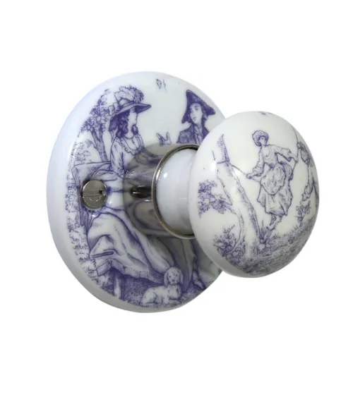 Poignées de porte chrome en porcelaine Toile de Jouy Merigous | MillaPoignees