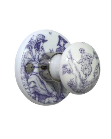 Poignées de porte chrome en porcelaine Toile de Jouy Merigous | MillaPoignees