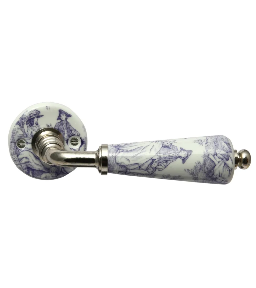 Poignées de porte chrome en porcelaine Toile de Jouy Merigous | MillaPoignees