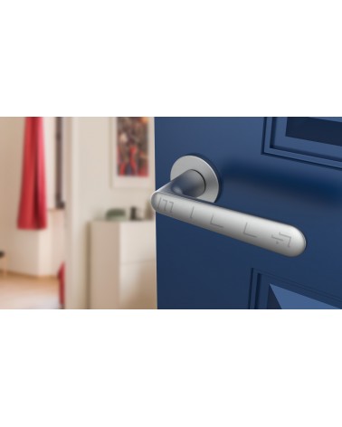Poignée de porte Classique ARIA poignée design couleur 3 vue de haut inclinée montée sur une porte