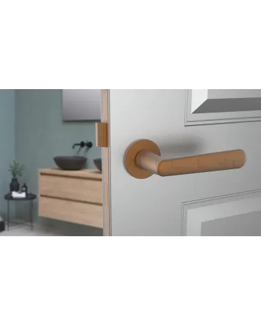 Poignée de porte Classique ARIA poignée design couleur 1 vue de haut montée sur une porte entrouverte