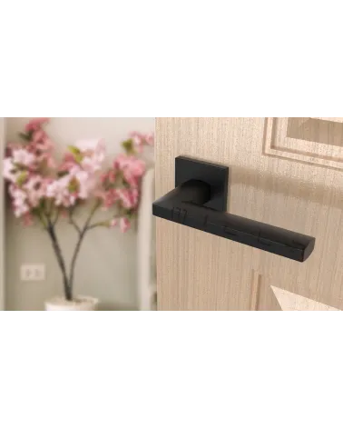 Poignée de porte PYROLA quincaillerie design couleur 2 vue inclinée montée sur une porte