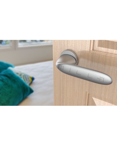 Poignée de porte futuriste PEONIA poignée design couleur 2 vue de haut inclinée montée sur une porte