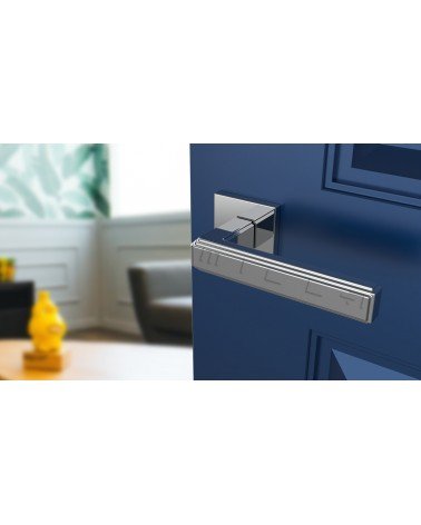 Poignée de porte en zamak RAFLESIA poignée design montée sur une porte bleue