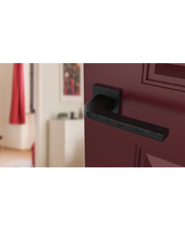 Poignée de porte noire ISMENA poignée design montée sur une porte entrouverte