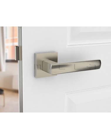 Poignée de porte nickel satiné DIUNA poignée design vue de face montée sur une porte