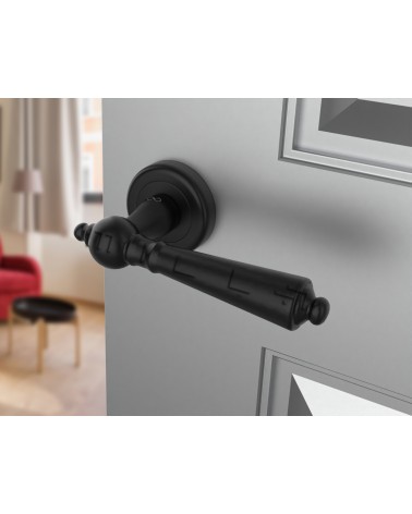 Poignée de porte noire MILLENAIRE poignée design vue inclinée montée sur une porte