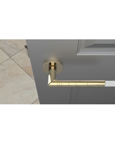 Poignée de porte sur plaque ronde SILENA poignée design couleur 3 vue de haut inclinée montée sur une porte