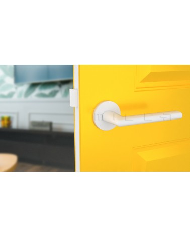 Poignée de porte sur plaque ronde KALMIA poignée design couleur 4 vue de face montée sur une porte