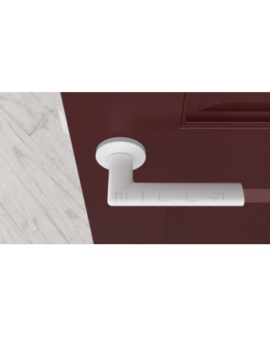 Poignée de porte sur plaque ronde KALMIA poignée design couleur 4 vue de haut montée sur une porte
