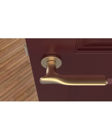 Poignée de porte en zamak ORCHIDE poignée design couleur 3 vue de haut montée sur une porte