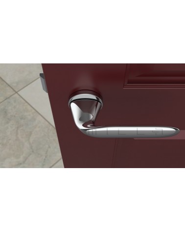 Poignée de porte en zamak PEONIA poignée design couleur 1 vue de haut montée sur une porte