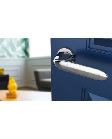 Poignée de porte en zamak PEONIA poignée design couleur 1 vue de haut inclinée montée sur une porte