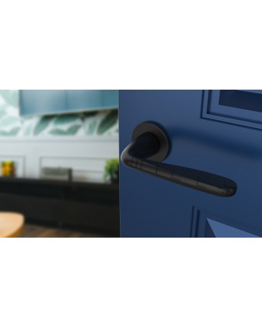 Poignée de porte en zamak HIACYNTA poignée design vue de haut inclinée montée sur une porte
