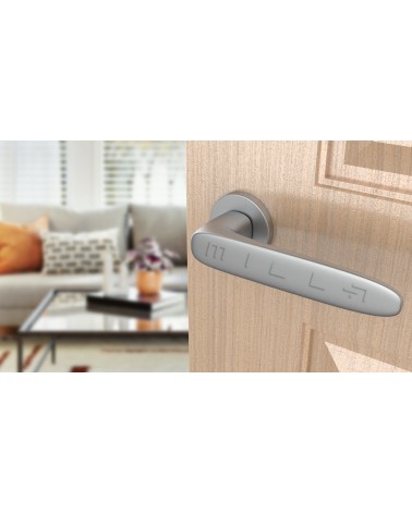 Poignée de porte en zamak ROSA poignée design couleur 1 vue de haut inclinée montée sur une porte