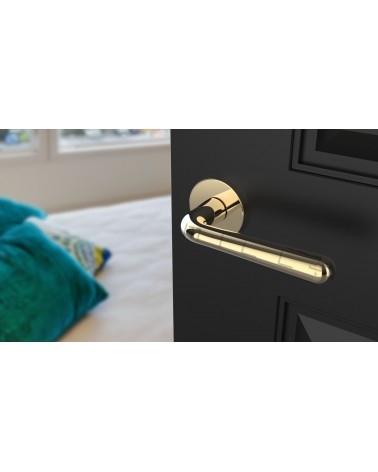 Poignée de porte en zamak IRGA poignée design couleur 5 vue de haut inclinée montée sur une porte