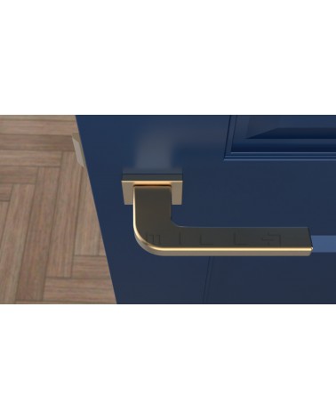 Poignée de porte sur plaque rectangulaire ISMENA poignée design vue de haut montée sur une porte