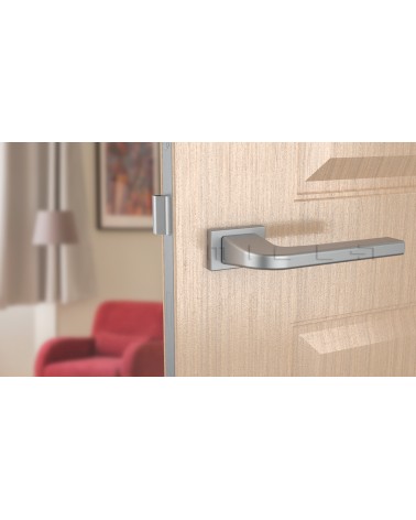 Poignée de porte matière zamak ISMENA poignée design vue de face montée sur une porte