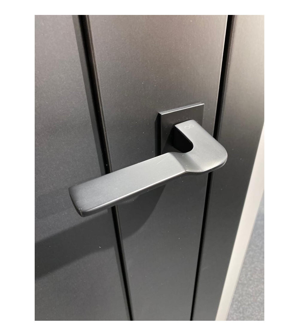 contemporary design door handle on a square rose available in black and polished chrome
