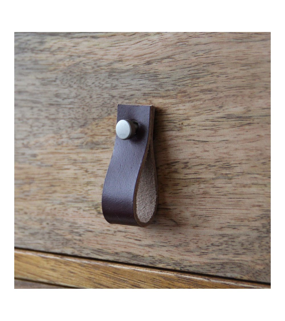 Bouton de meuble tirette en cuir marron foncé -  poignée design